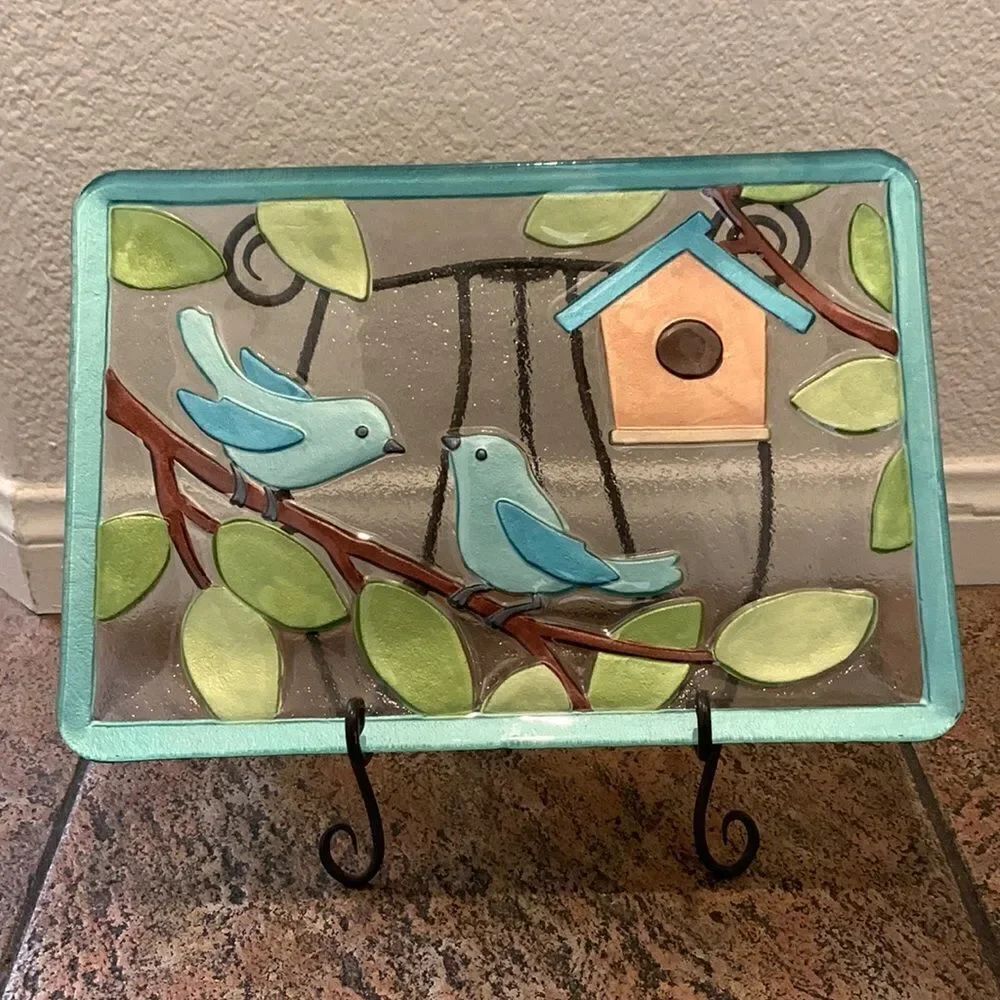 Blue Birds Glass Art 11 Inches X 16 Inches Heavy Metal Display Stand Included
